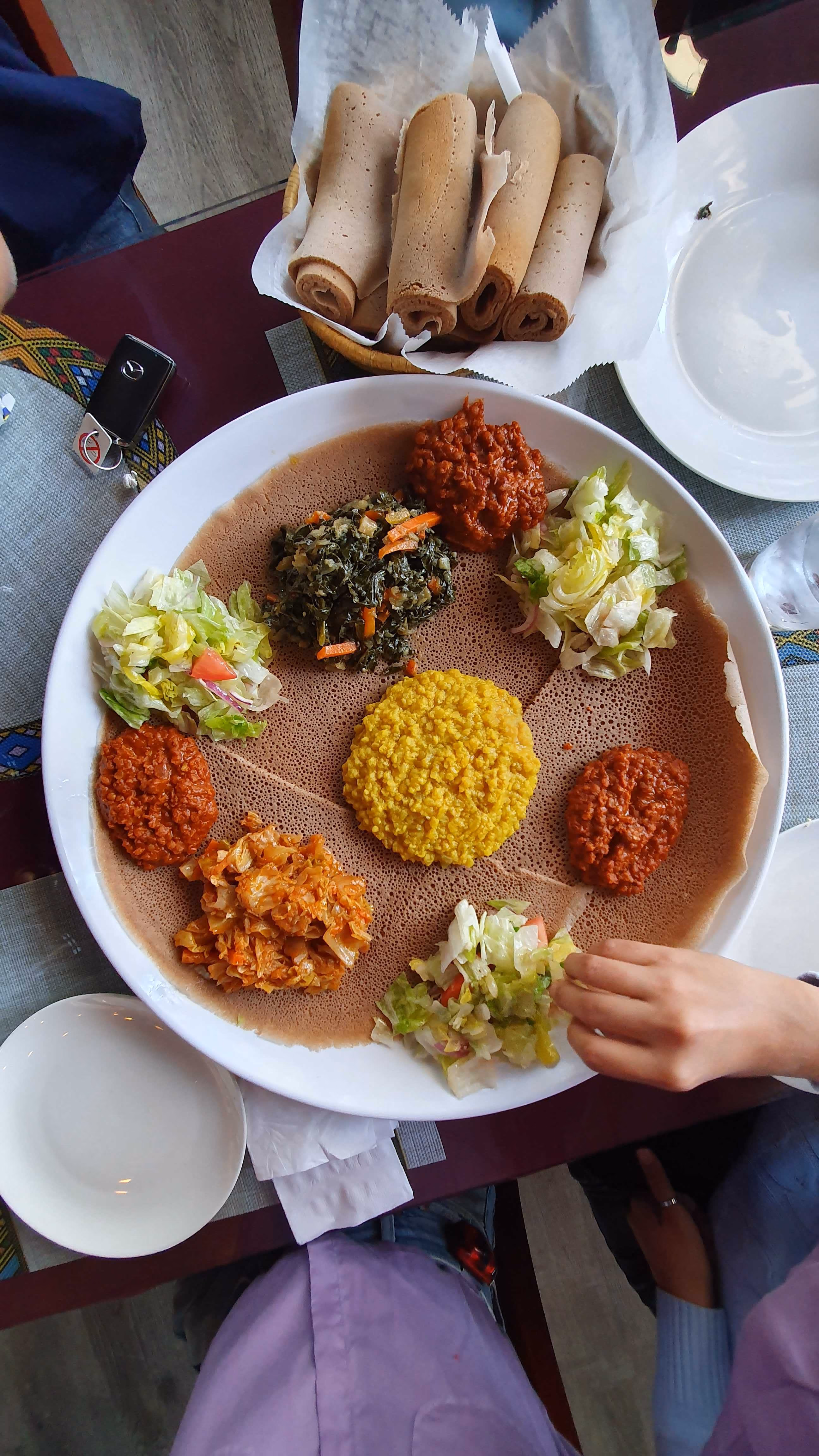 Shared meal on injera bread